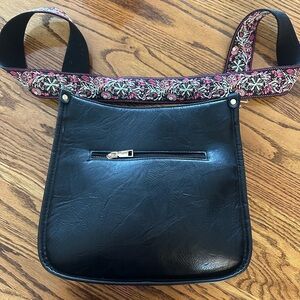 Black Crossbody Bag with Embroidered Strap